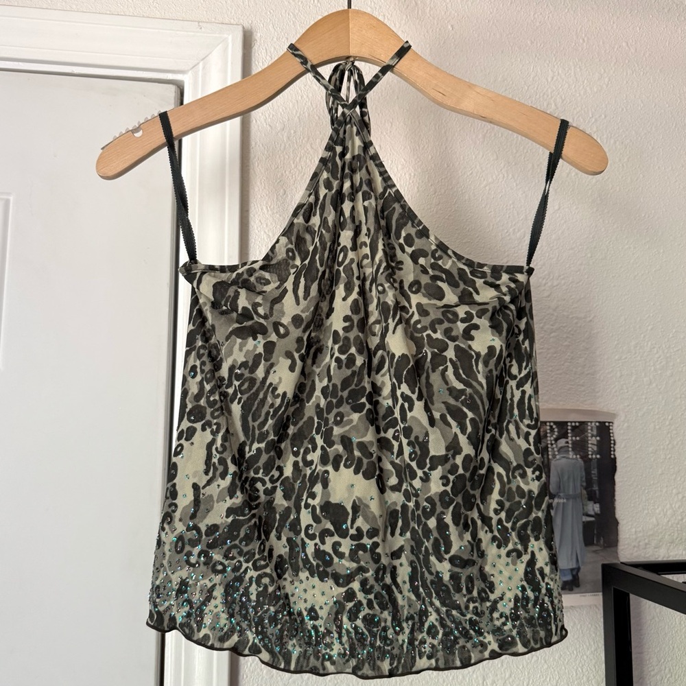 EXPRESS vintage y2k mesh nylon semi sheer halter cropped cheetah leopard top